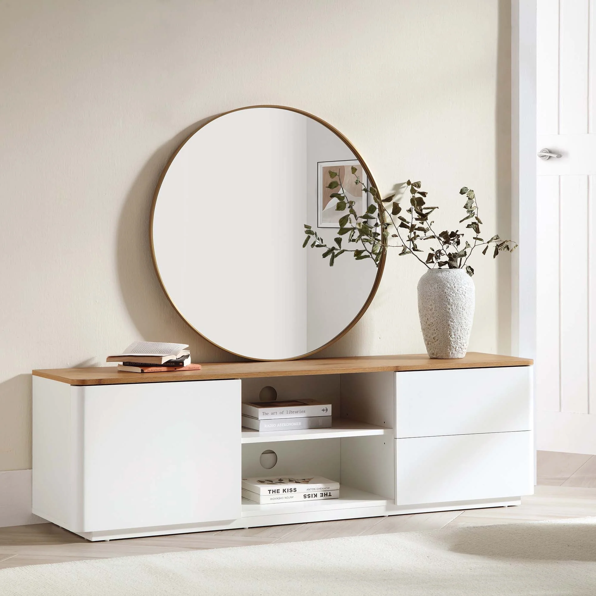 Curved Edge 59in. Wide TV Unit, Off White with Oak Top