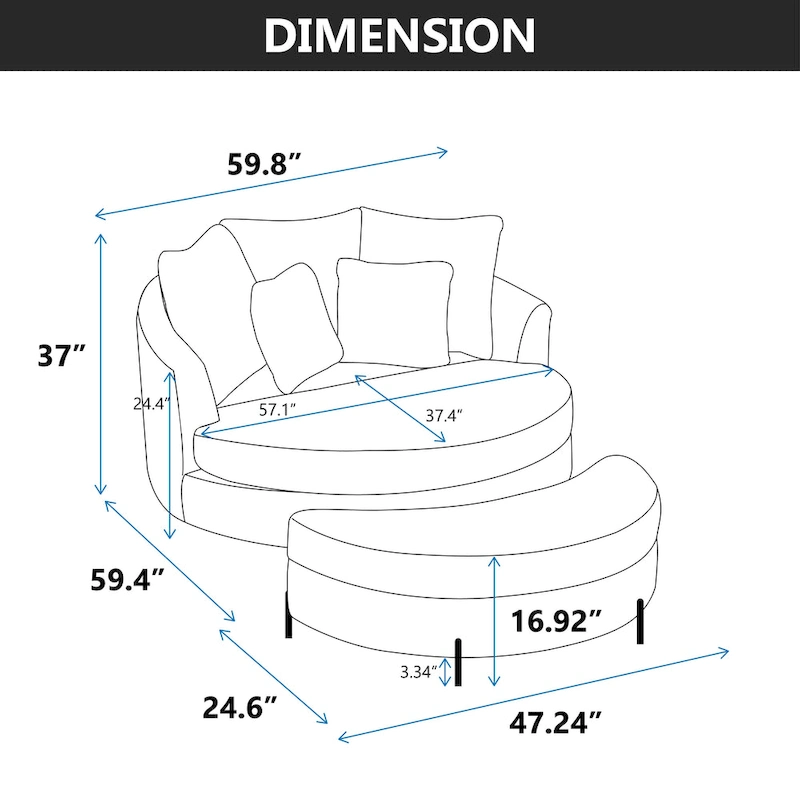Modern Sofa Chair Round Accent Barrel Chair With 5 Pillows and Optional Ottoman