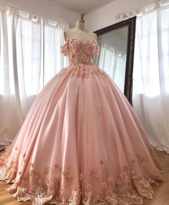Pink Off The Shoulder Embroidered Lace Ball Gown Quinceanera Dresses