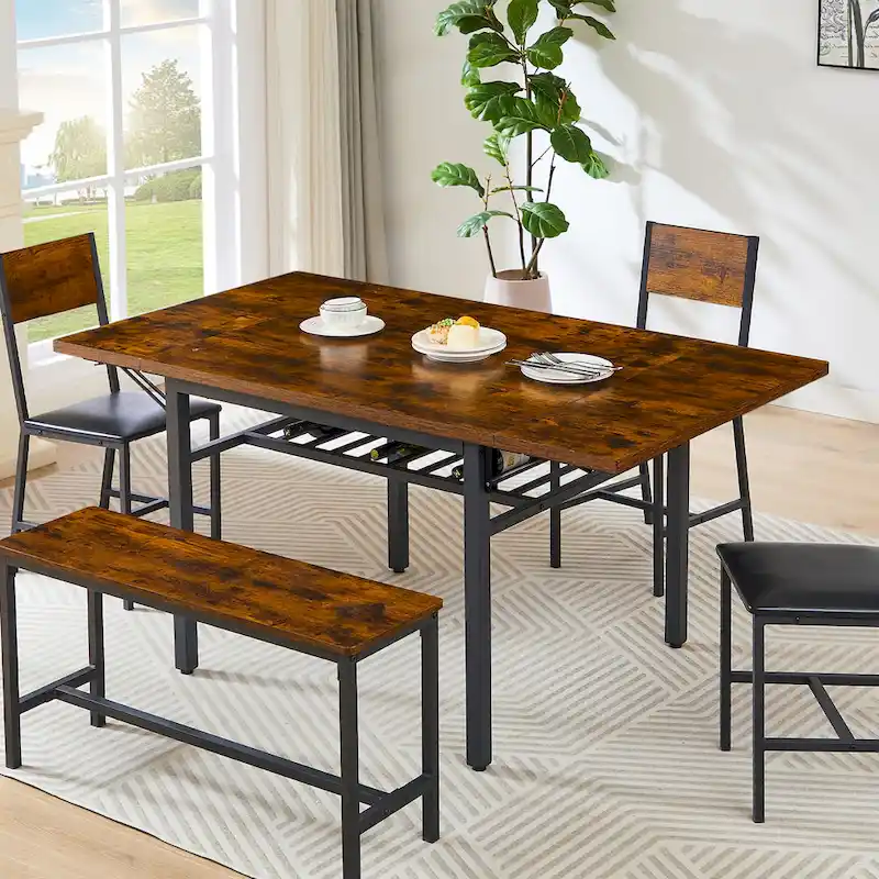 Modern Industrial 63.2 Extendable Dining Table w/Drop Leaf, Seats 6