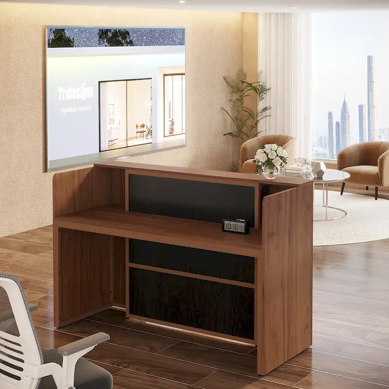 Reception Desk Front Desk with LED Lights,Large Reception Counter Table with Private Panels