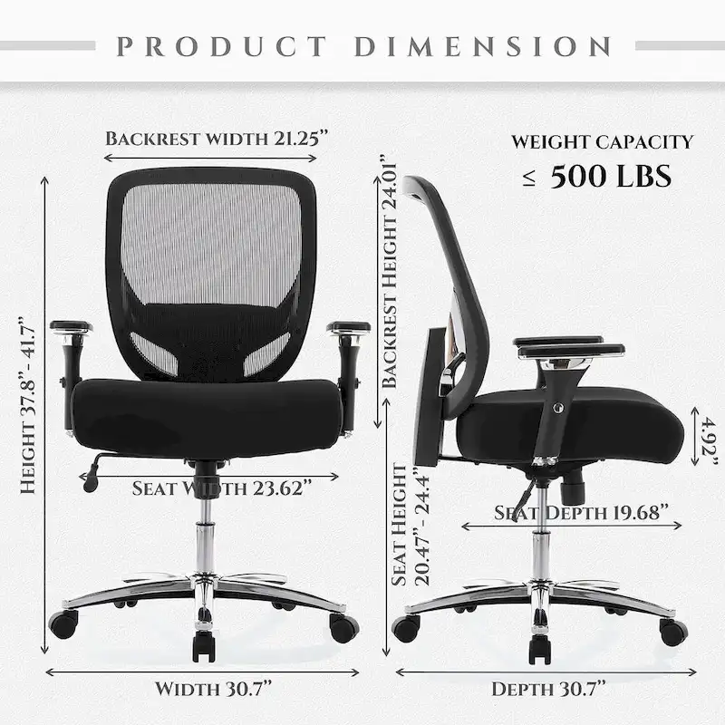 Big and Tall Heavy Duty Ergonomic Mesh Office Chair 500lbs with Wide Thick Seat