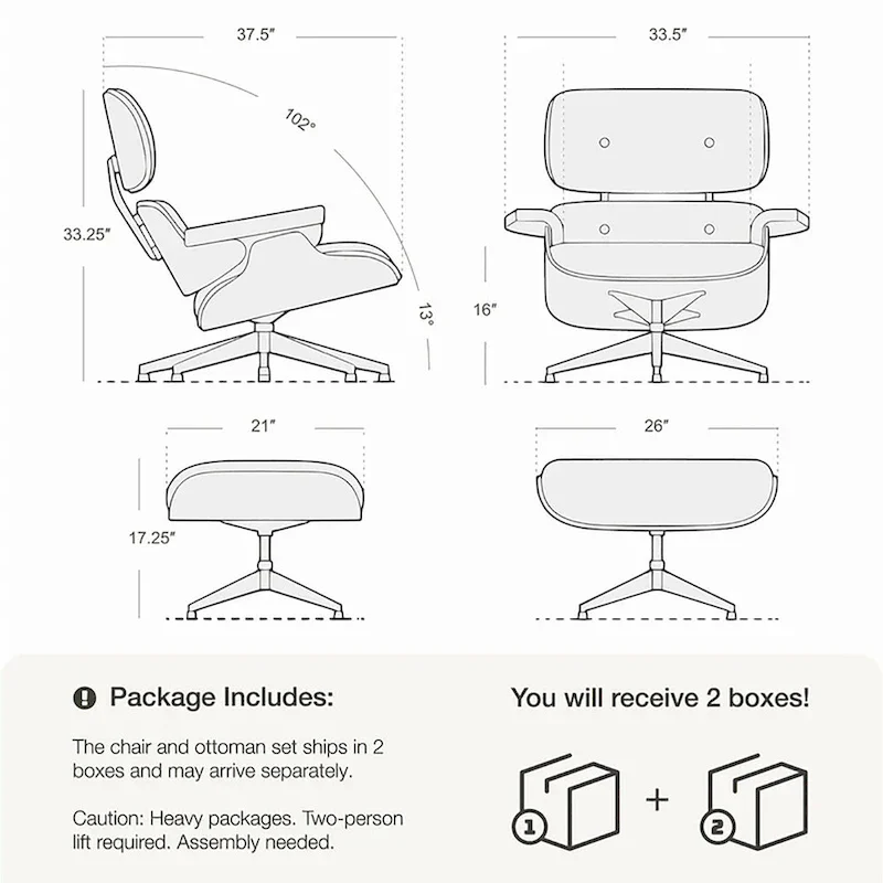 Mid-century Full Grain Leather Accent Chaise Lounge Chair and Ottoman