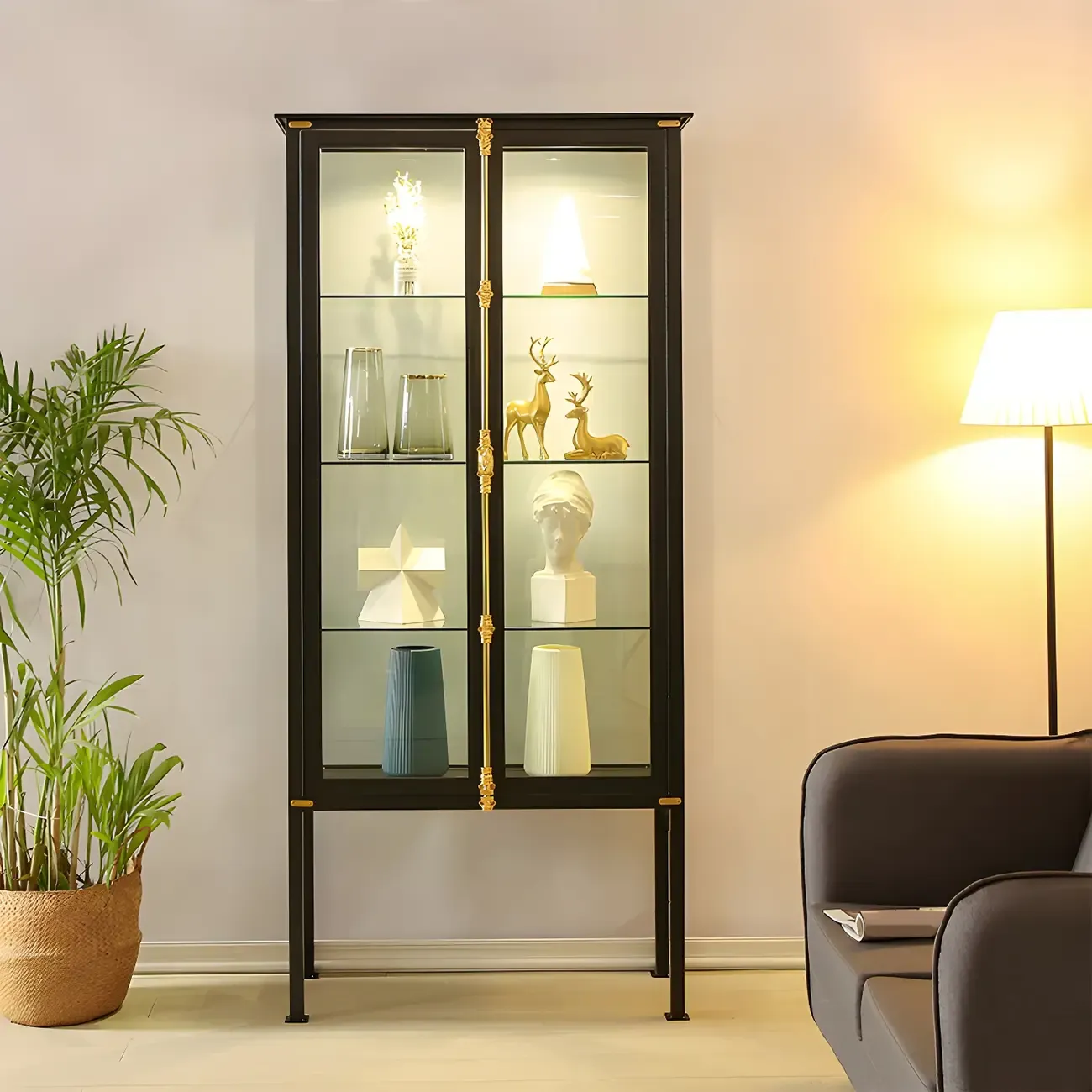 Black Metal Glass Shelves Display Cabinet with Lights