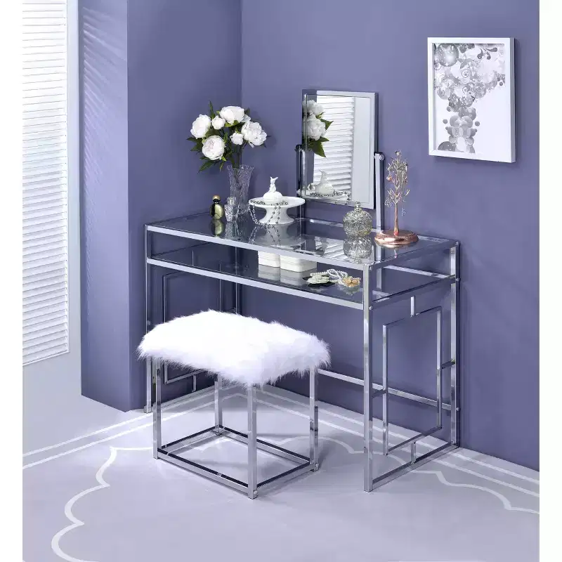 Acme Furniture Carenze Ii Vanity Table White Faux Fur/Chrome Finish