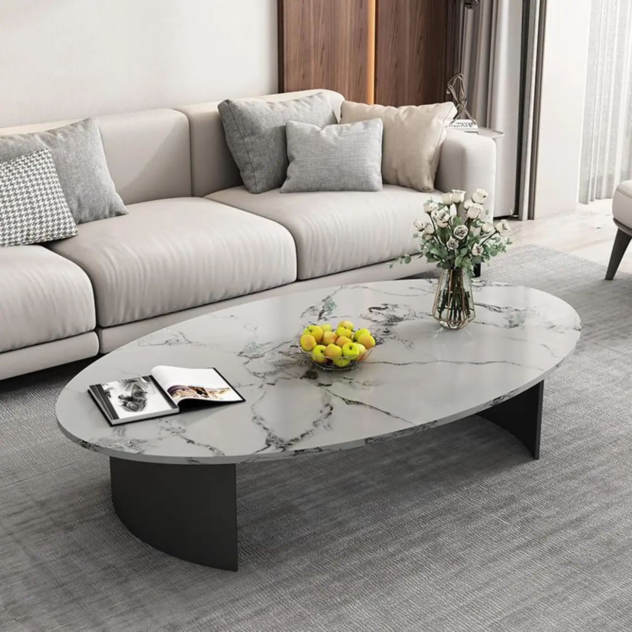 Oval Stone Top Scratch Resistant Iron Base Coffee Table