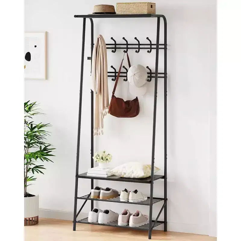 4-in-1 Hall Tree with Bench and Shoe Storage, Entryway Coat Rack with Hooks, Shelf, and Metal Frame Organizer