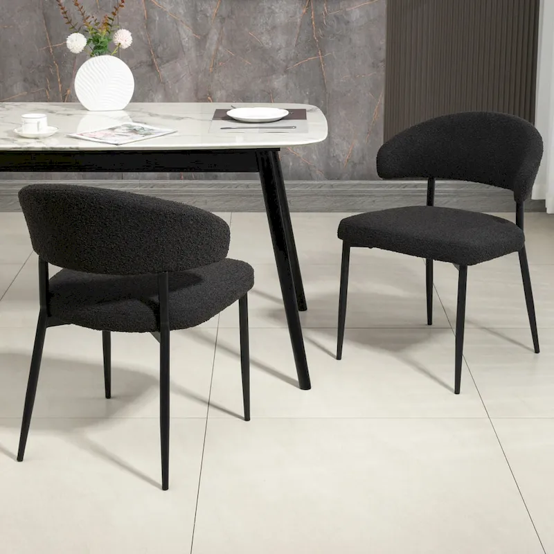 Set of 2 Ayoka Black Boucle Dining Chairs with Black Iron Legs