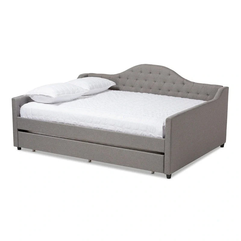 Grey / Beige Tufted Daybed with Pull-Out Trundle – Contemporary Style, 1–2 Person Use