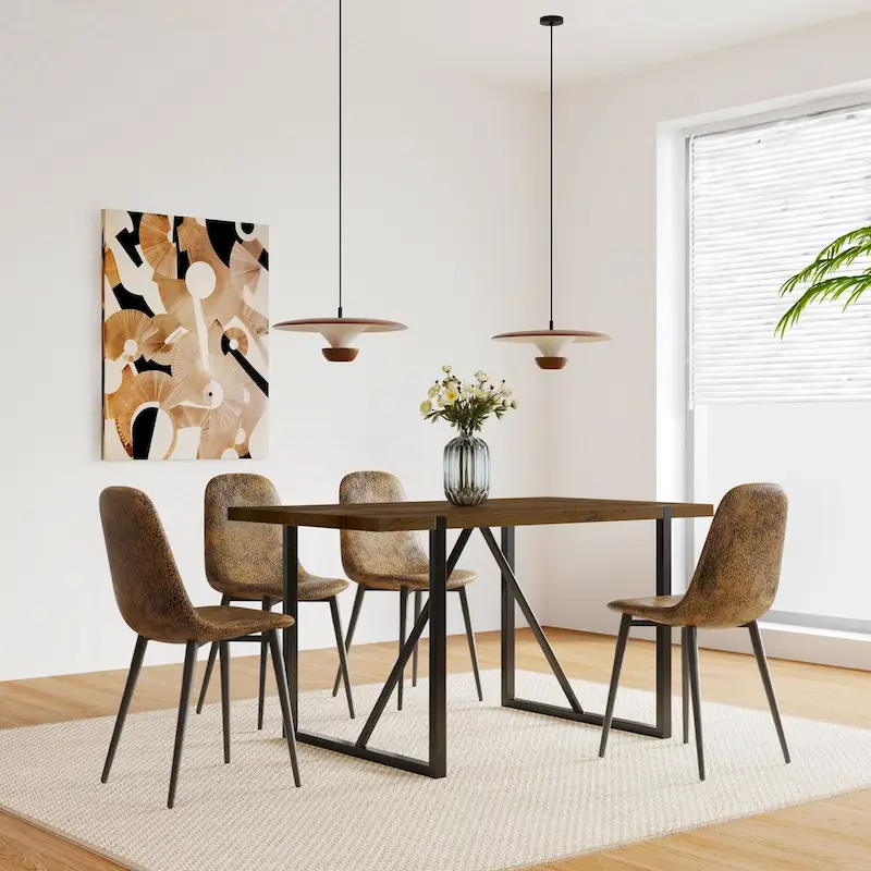 MDF Wood Colour Dining Table and Modern Dining Chairs Set of 4, Mid Century Wooden Kitchen Table Set, Metal Base & Legs