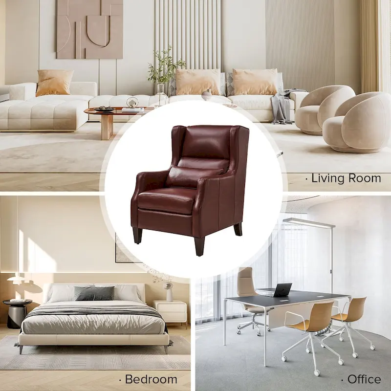 Genuine Leather Wingback Armchair with Pillow