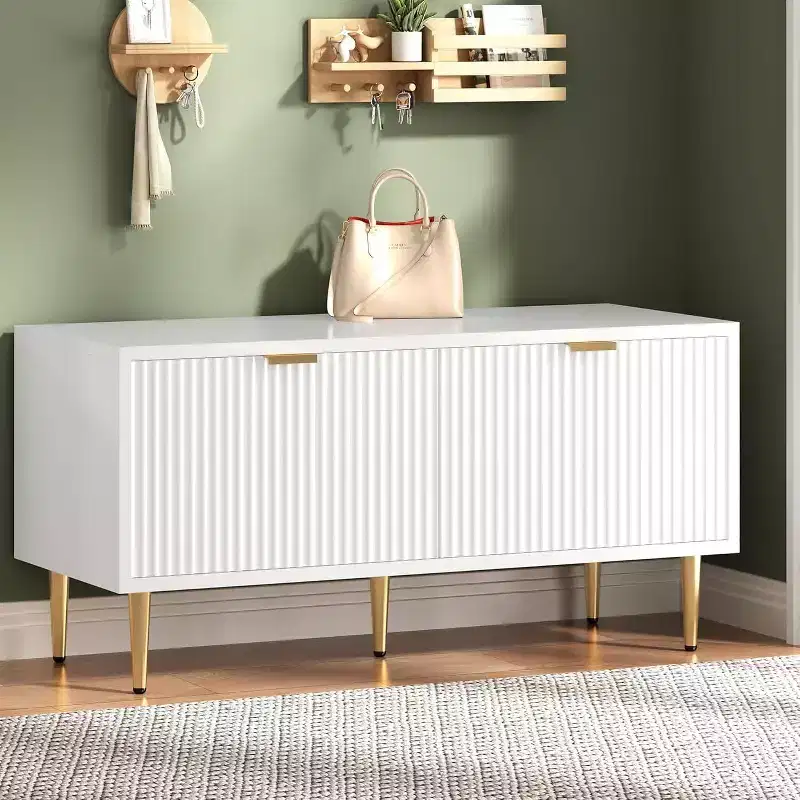 Modern Trough Shoe Cabinet, Entrance Workbench with Two Doors, Compact Wooden Entrance Cabinet, Foyer and Front Door Storage Space, Black