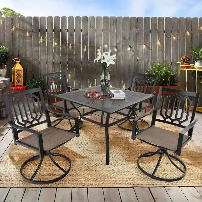 MFSTUDIO 5-Piece Patio Dining Set, 4 Sling Swivel Chairs and Multi Role Metal 37inch Square Table with 1.57  Umbrella Hole