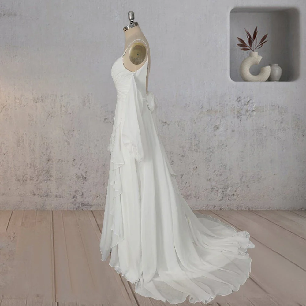 A-Line Chiffon Detachable Puffy Sleeves Wedding Dress