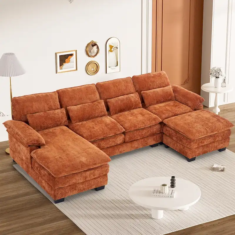 Soft Chenille Fabric U-Shaped Sectional Sofa with Double Layer Cushion