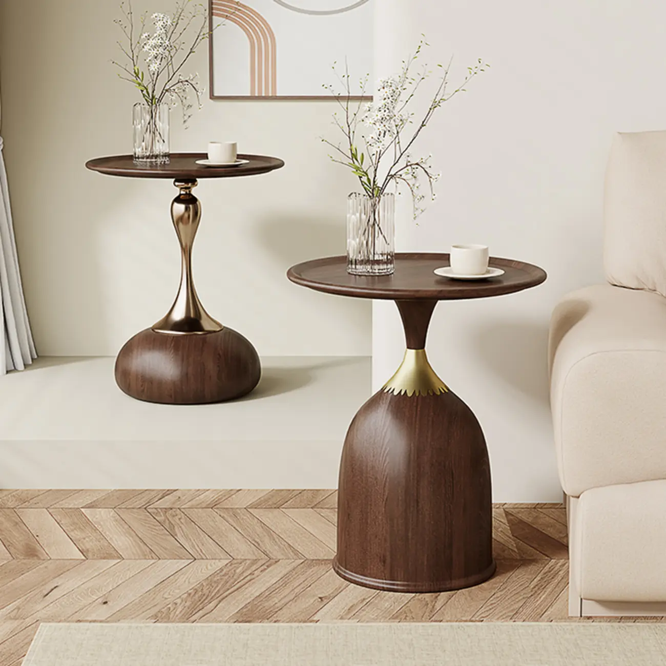 Walnut Steel Round End Table with Abstract Base