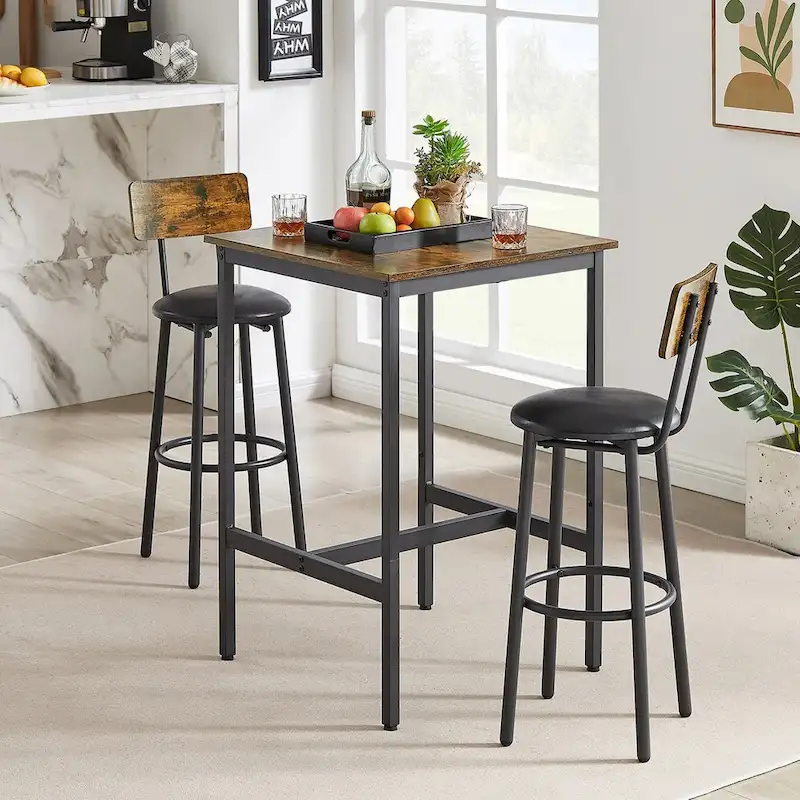 Grondin Industrial Style 3-Piece Bar Table Set with 2 PU Soft Seat Bar Stools and Backrest, Counter Height Dining Set for 2
