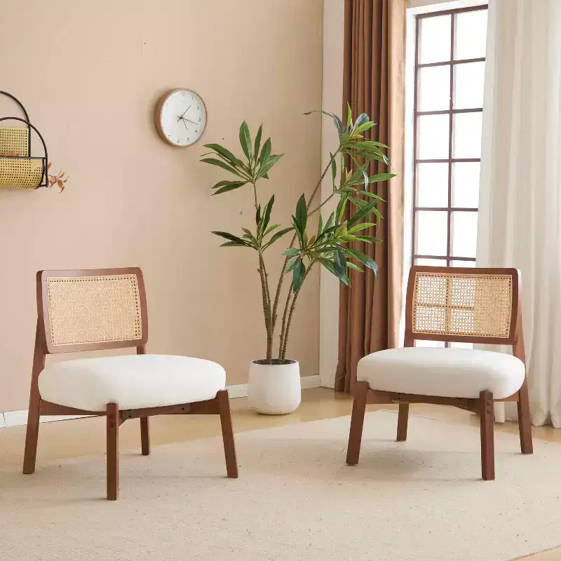 MAYEERTY Set of 2 Modern Beige Lounge Chair, Woven Backrest Wooden Frame Accent Chair for Living Room Bedroom Office