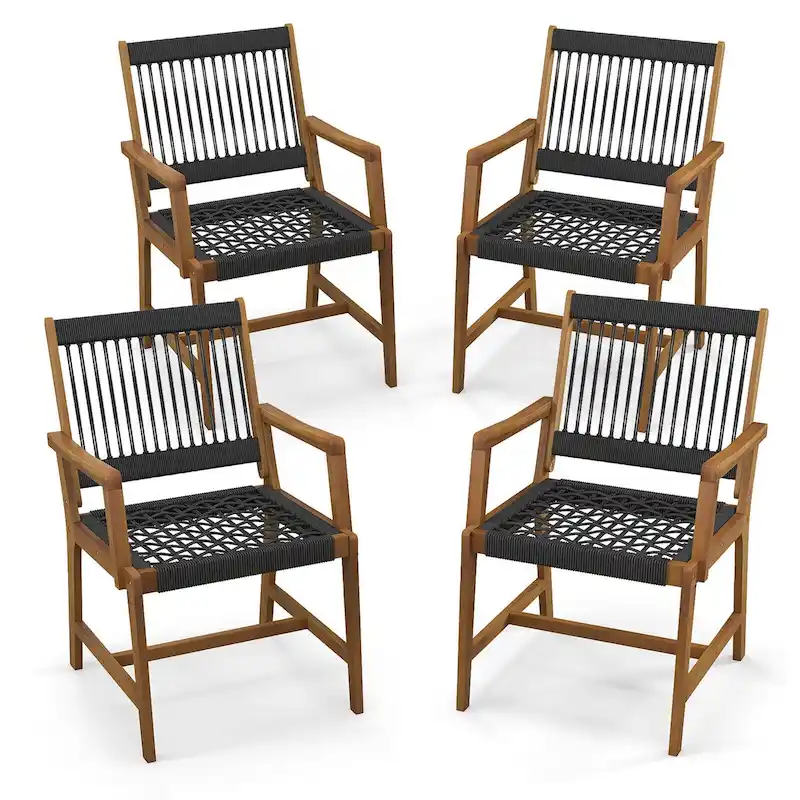Black and Natural Rope Woven Outdoor Dining Chairs, Set of 4
