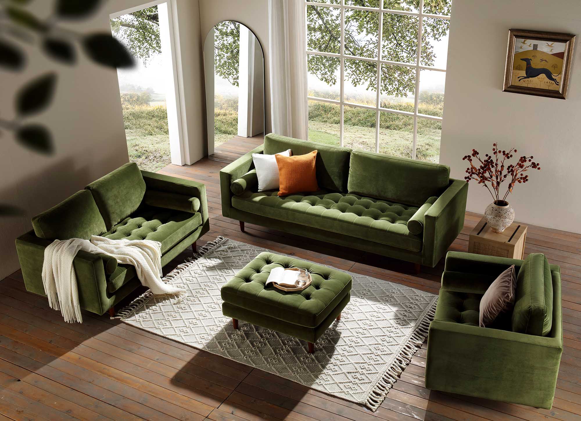 2-Seater Sofa, Moss Green Velvet