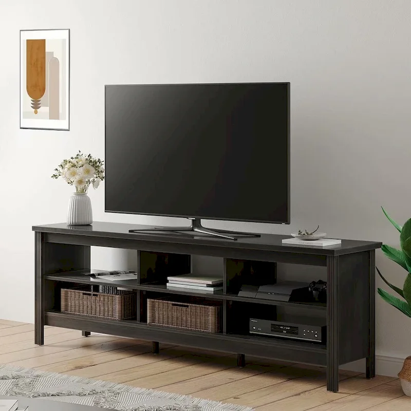 Black Farmhouse MDF TV Stand with 6 Open Shelves - For TVs up to 75