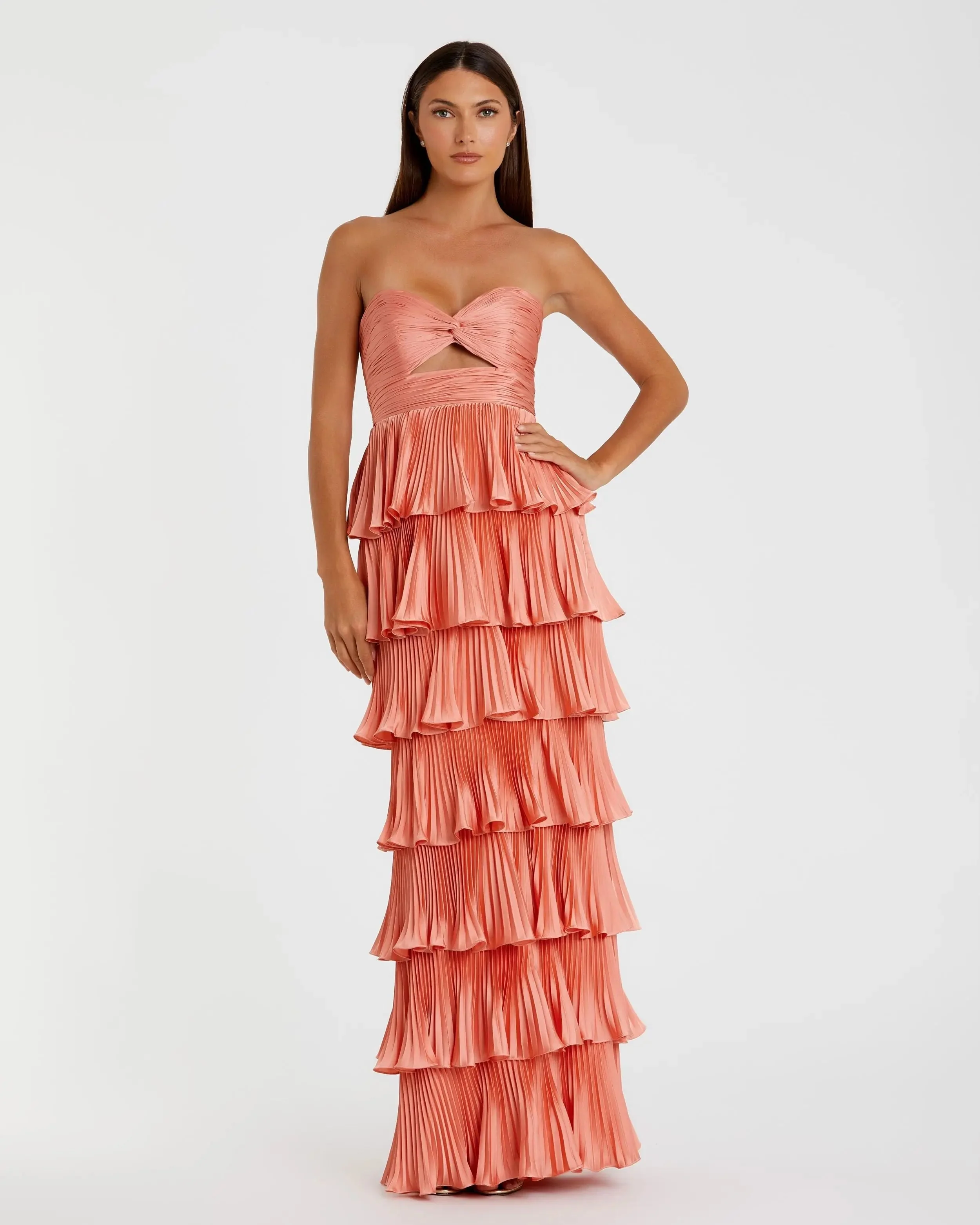 Pink Pleated Charmeuse Strapless Tiered Ruffle Gown