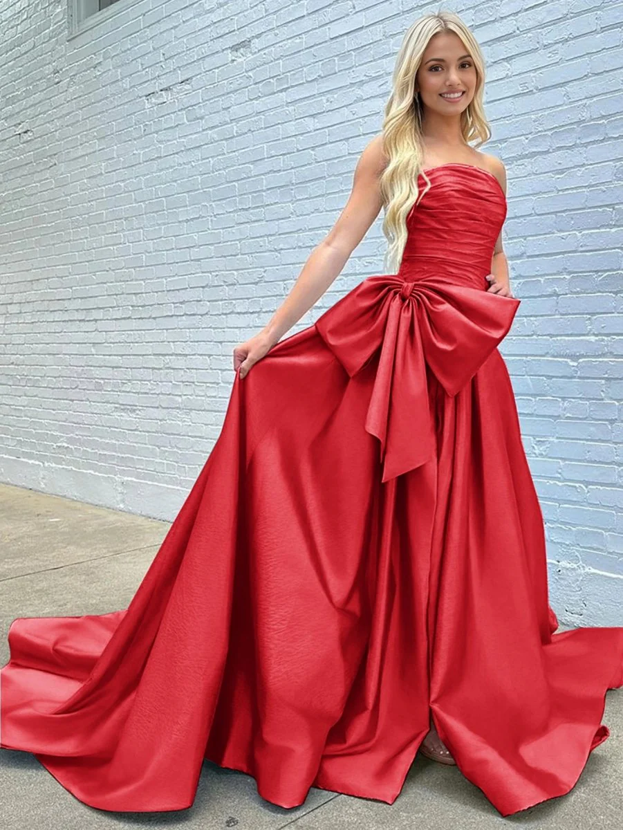 A-line Strapless Taffeta Long Prom Dress With Slit