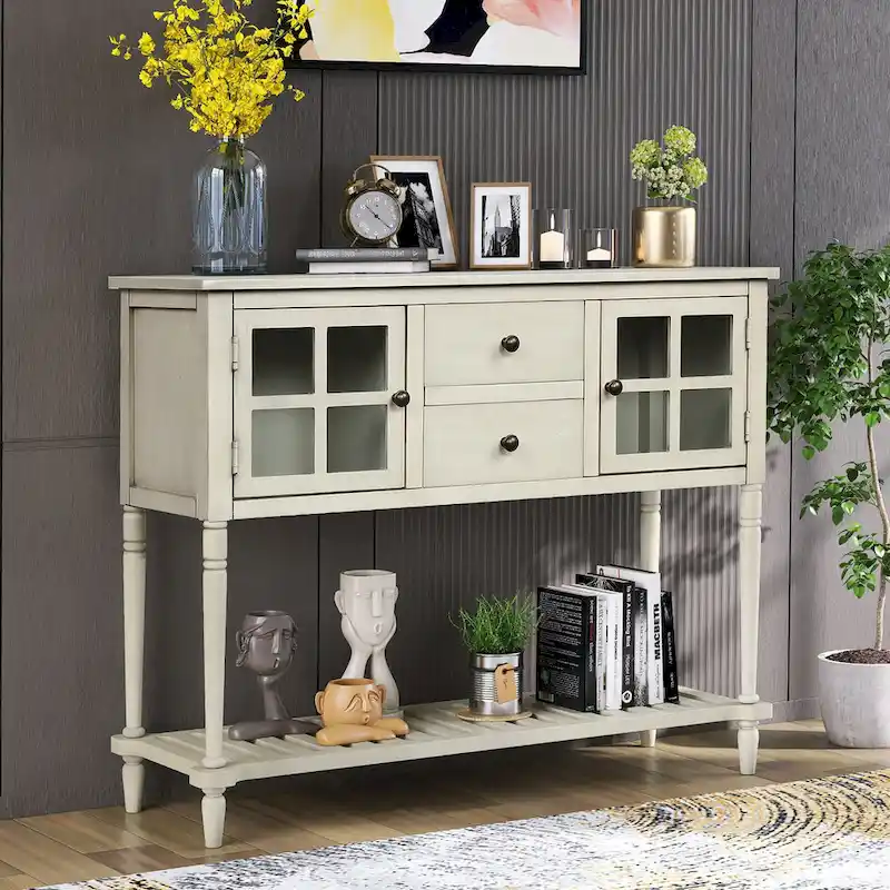 Blue / Grey / White Solid Wood Sideboard Buffet Cabinet with Glass Doors, 2 Drawers and Bottom Shelf