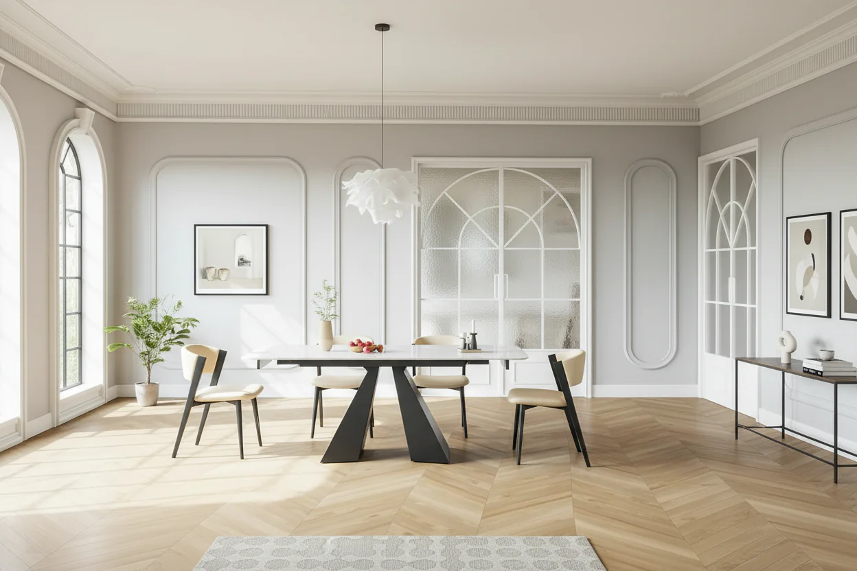 Contemporary White Rectangular Extendable Stone Dining Table with Black Base