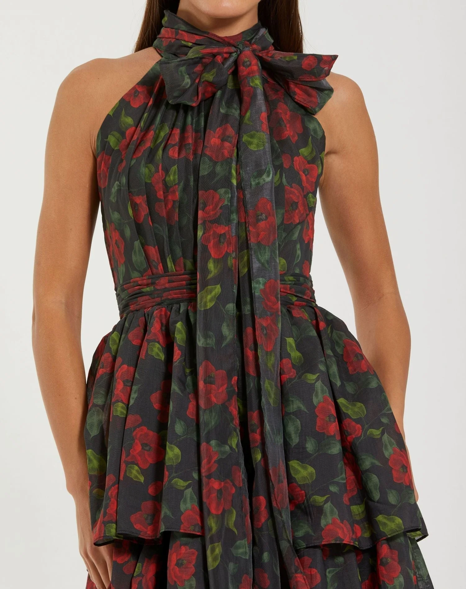 Black Floral Chiffon Tiered Midi Dress with Neck Bow