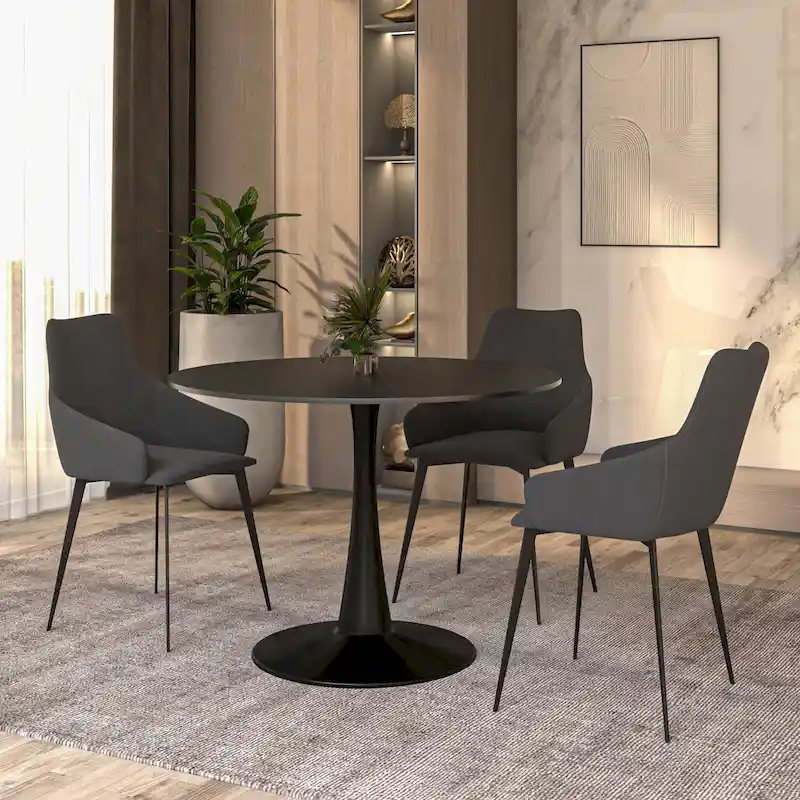 LeisureMod Bristol 40 Round Dining Table for 4 with MDF Wood Tabletop in Black Steel Base for Kitchen & Dining Room