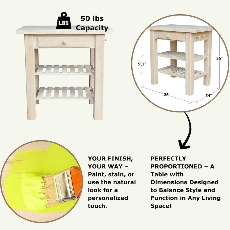 Heavenly Winds Unfinished Solid Parawood Kitchen Island