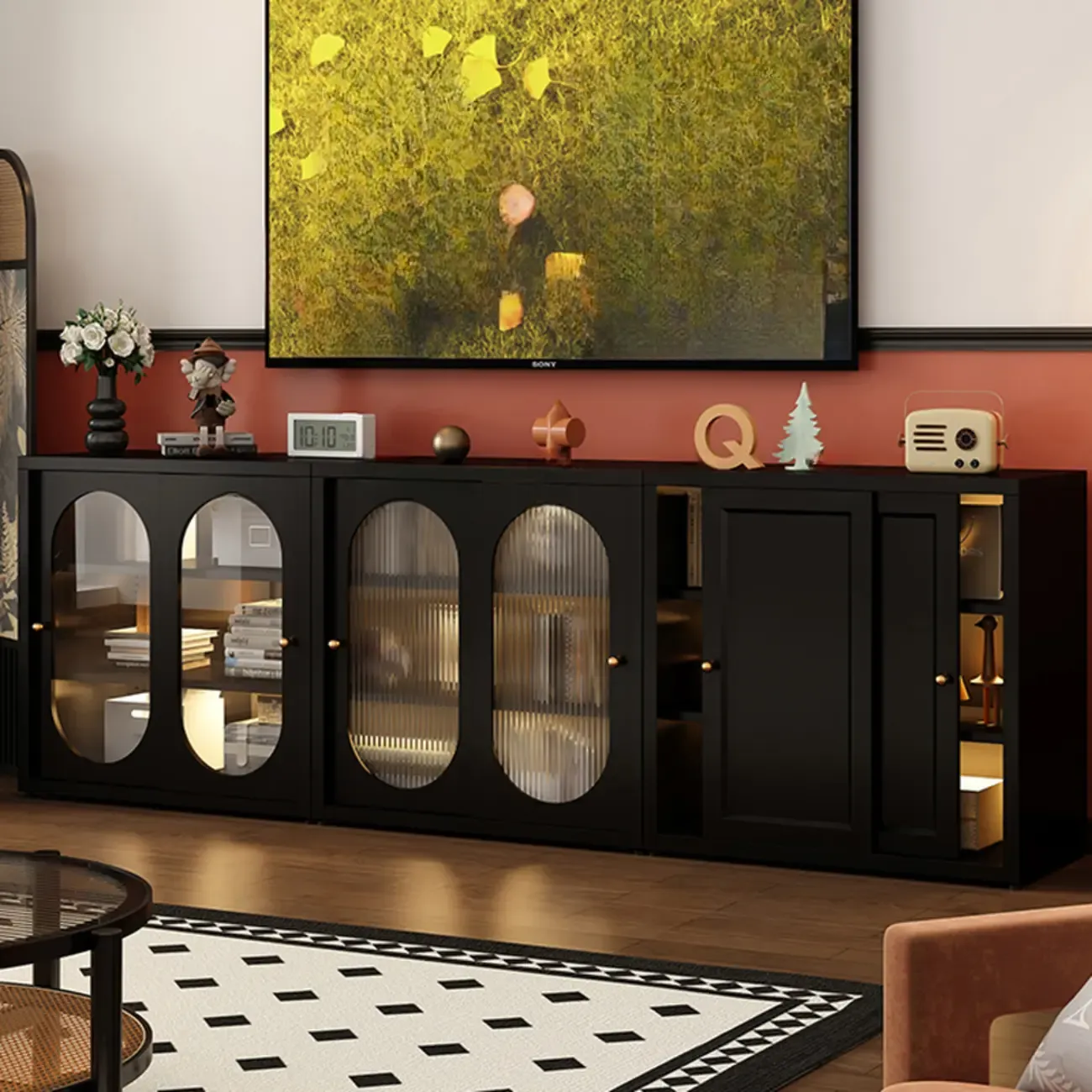 Horizontal Rectangular Metal Black Bookcase with Glass Doors