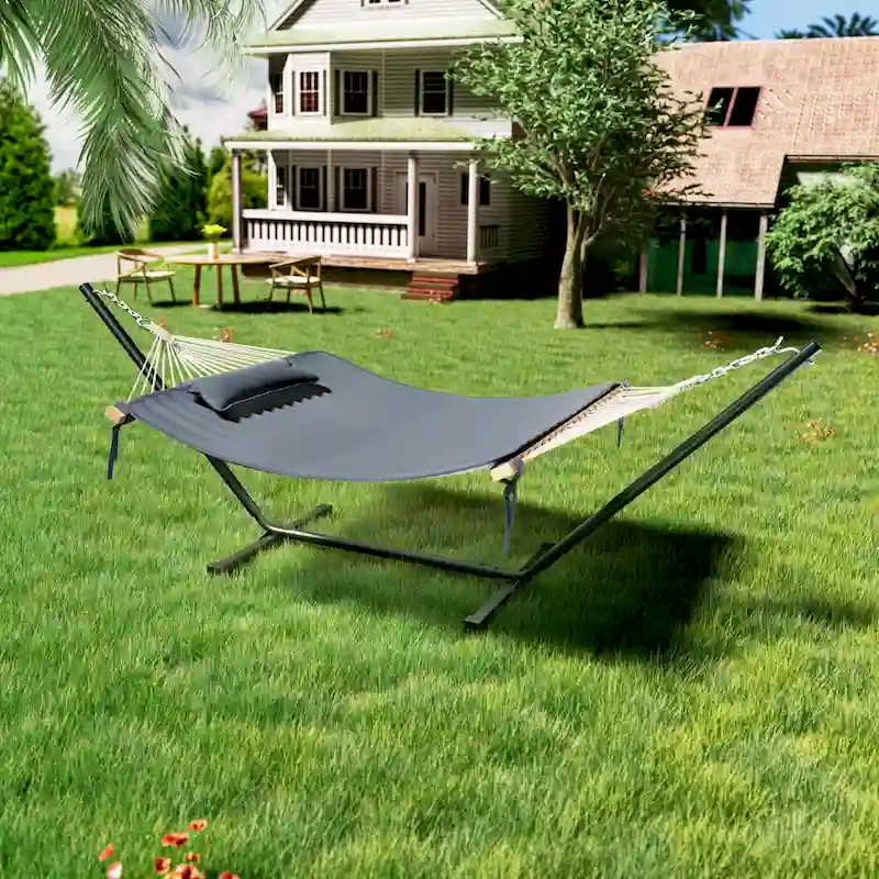 VEIKOUS 12 ft. Quilted Camping Portable Hammock with Stand and Detachable Pillow for 2-Person