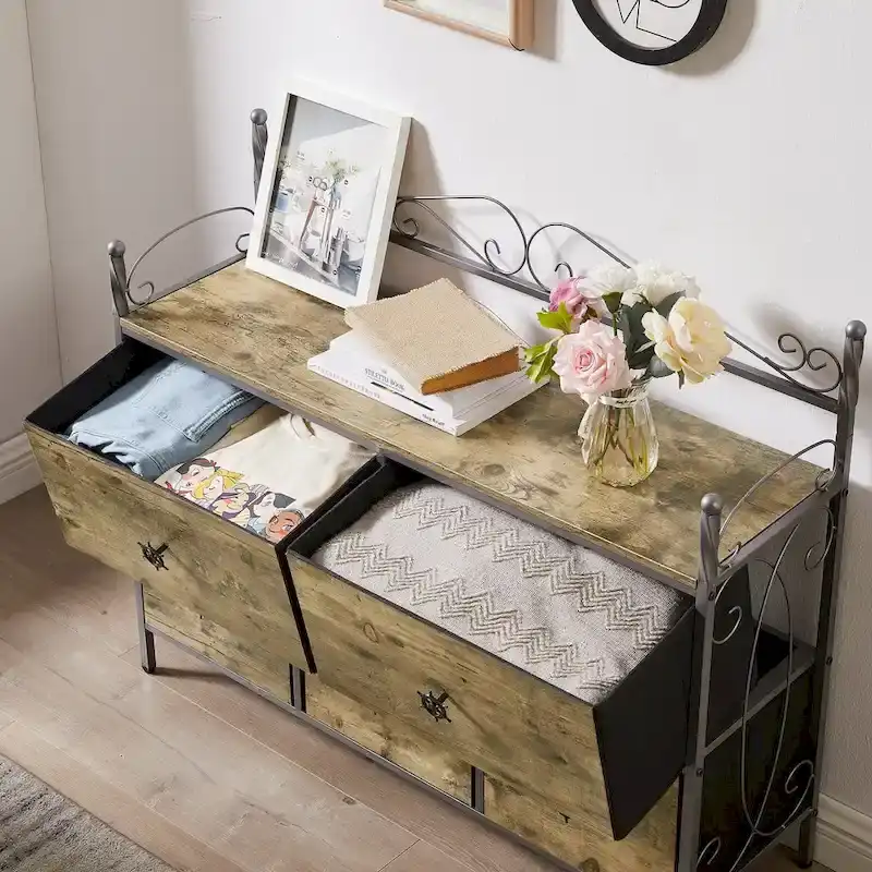 4-Pieces Bedroom Set with Drawer and Nightstands Set of 2, 5-Drawer Dresser, Brown/Grey Set