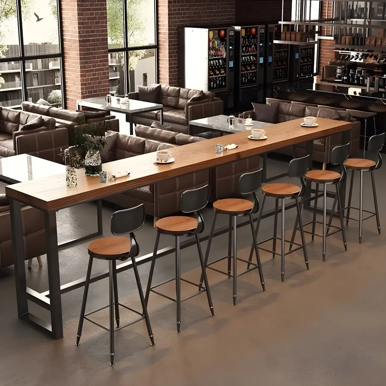 Industrial Brown Pine Wooden Metal Trestle Bar Tables