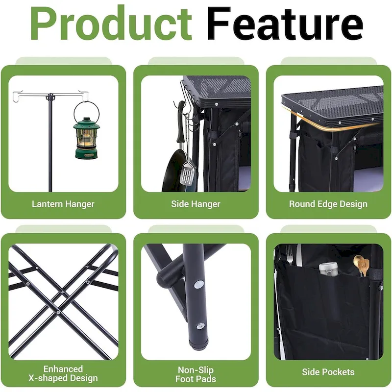 Camping Kitchen Station, Camping Table, Picnic Table, Grill Table Folding Table, Upgrade Light Stand & Windshield Cook Station