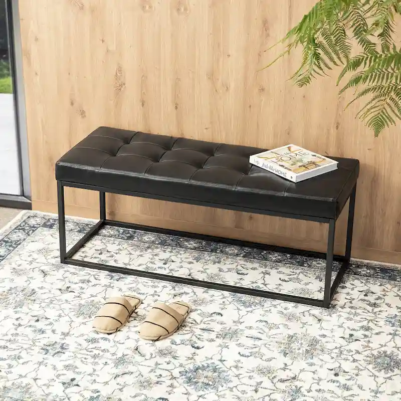 45W Modern Black Tufted Upholstered Bench with Metal Frame Legs - 45W x 19H x 17.5D