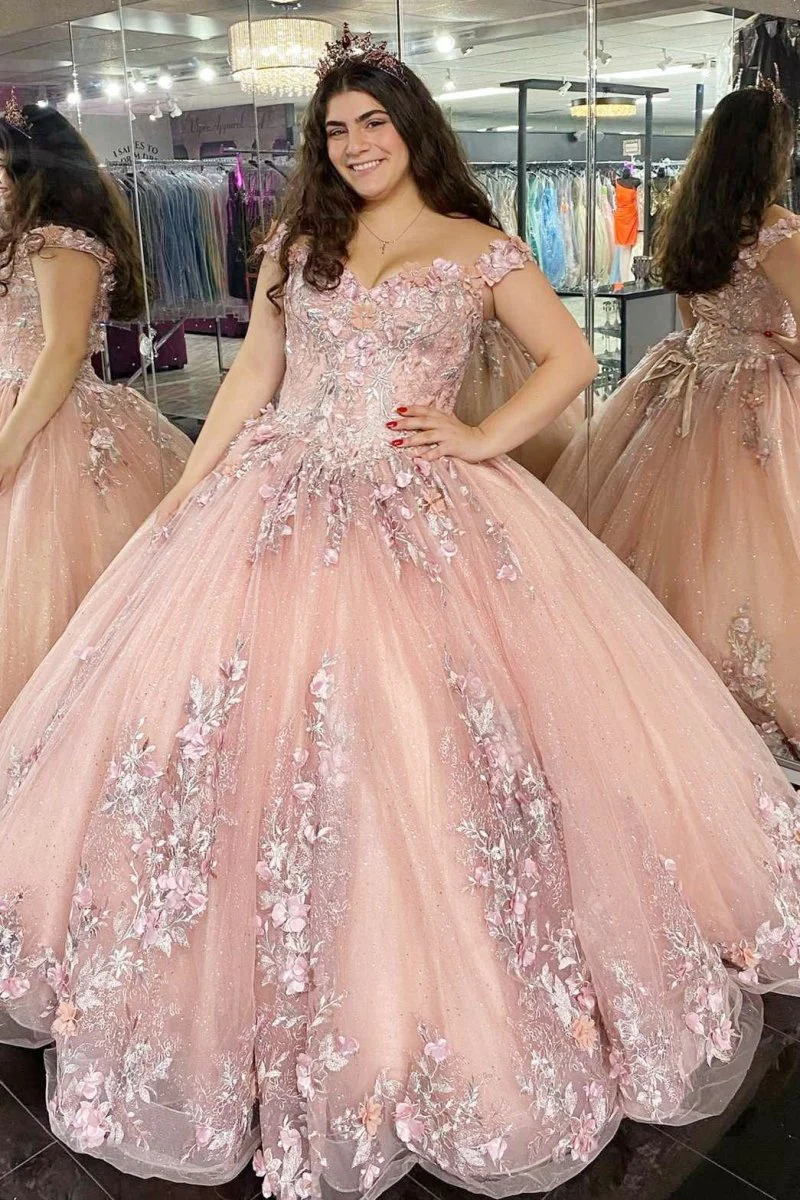 Quinceanera Dress Glitter Pink 3D Floral Lace Off-the-Shoulder