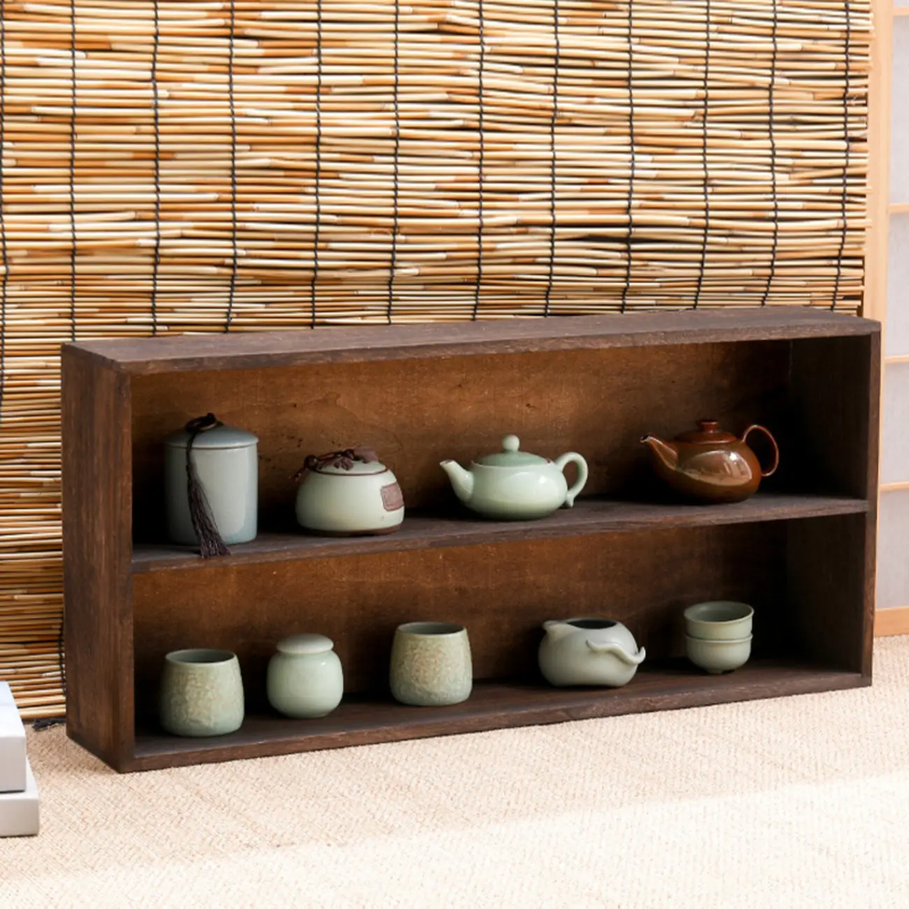 Traditional Long Brown Wood Wall Mount Open Display Cabinet