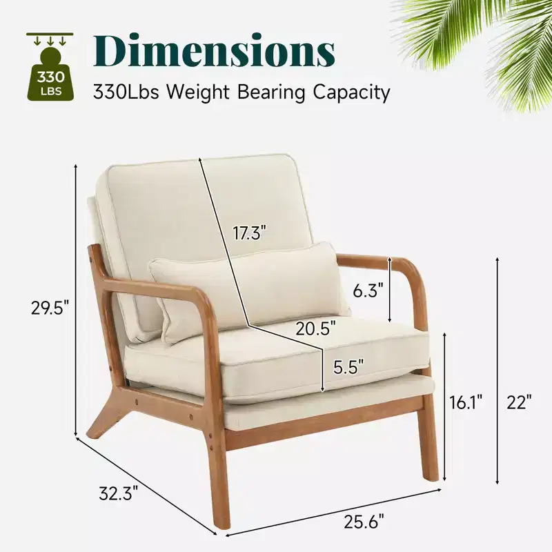 Karl Home 2Pcs Mid Century Solid Wood Accent Chair Upholstered Armchair with an Extra Pillow