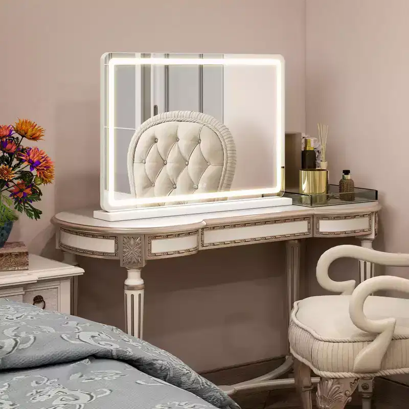 Okak Freestanding Vanity Mirror with Dimmable 3 Color Modes, LED Makeup Bathroom Vanity Mirror with Touch Screen Control, White