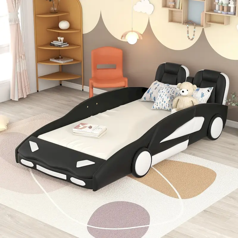 Black/White Race Car-Shaped Platform Bed, Twin, 1-Person