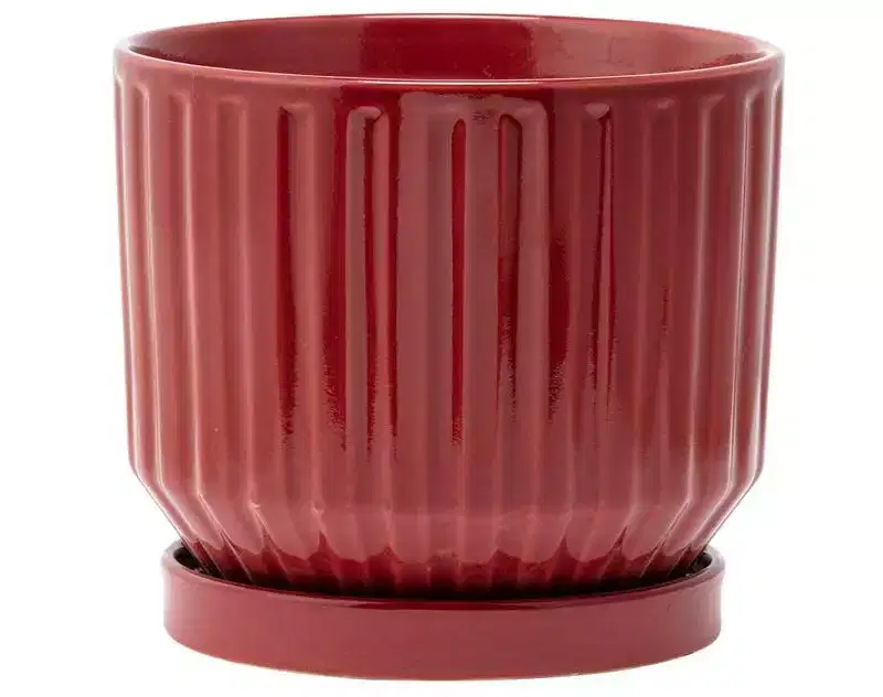 Napco Imports Indoor Outdoor Plant Succulent Herb Flower Pot with Saucer 6.25 Inch Ceramic Burgundy Ribbed