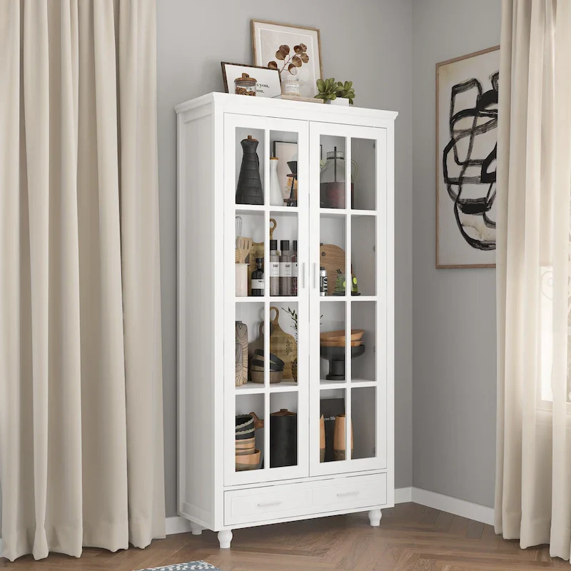 White Glass Door Display Cabinet, 2-Door Bookcase with Drawer, 36.2
