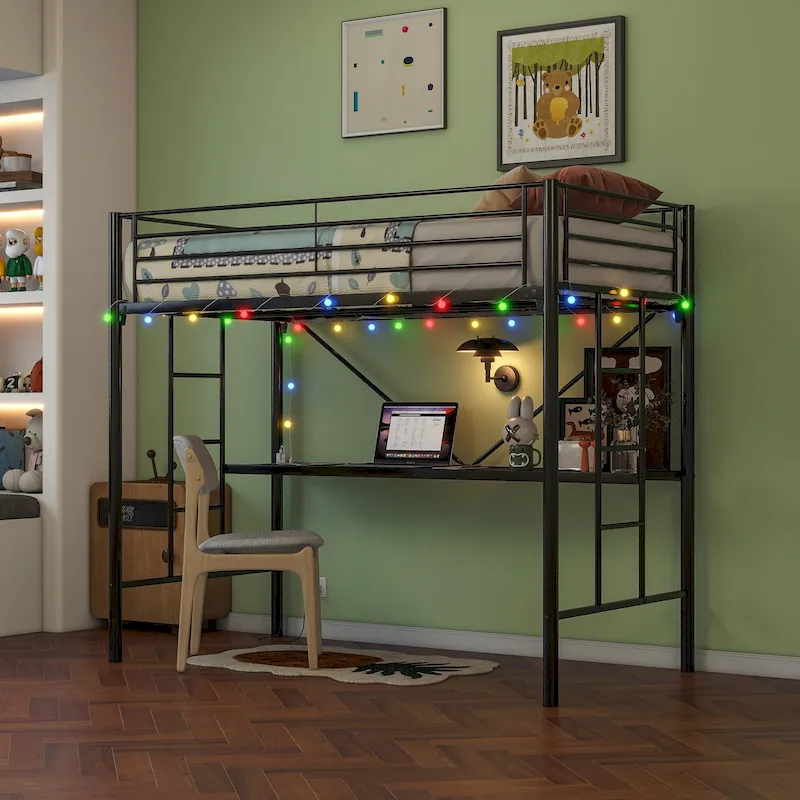 Twin Size Metal Loft Bed with Desk & LED Lighting | Modern Bedroom Furniture