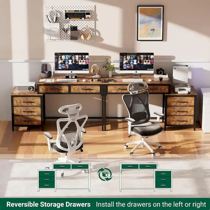 55 Computer Desk with 5 Fabric Drawers,Home Office Desk with Power Outlets  Printer Stand