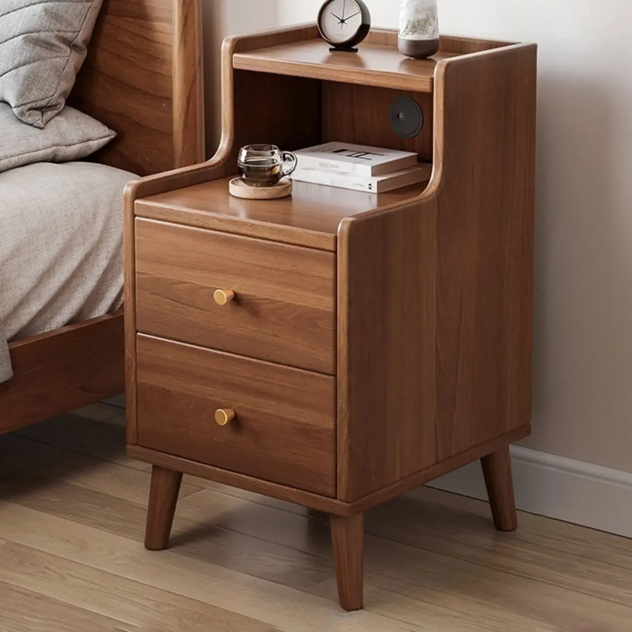Natural Wood Scandinavian 2-Drawers Narrow Nightstand