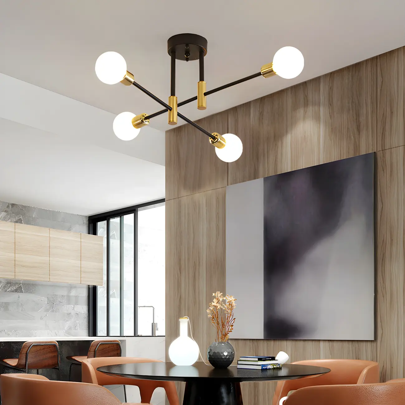 Modern Industrial Black Gold Sputnik Semi Flush Ceiling Light