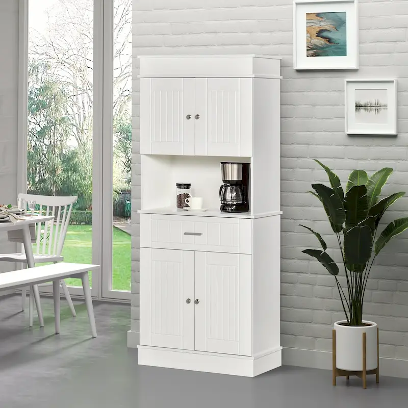 White/Grey/Brown Freestanding Kitchen Pantry Cabinet with Hutch, Utility Drawer & 2-Door Cabinet